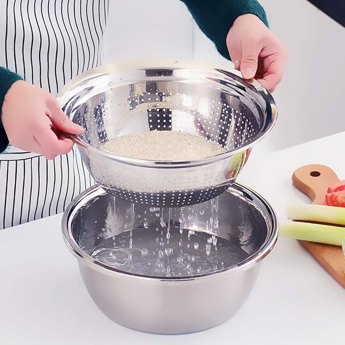 Stainless Steel Kitchen Basin Drain Basket Colander Set 3 in 1 Multifunctional Fruit Vegetable Julienne Grater Strainer Fine Mesh Basket Vegetable Rice Washing Bowl Set - Image 6