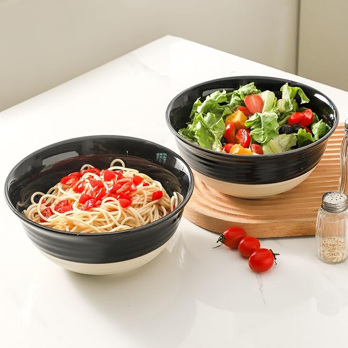 HASENSE Large Porcelain Serving Bowls Set of 2, 60 Oz 8.5 Inch Black & Beige Stoneware Mixing Bowls, Farmhouse Bowls for Salad, Soup & Pasta, Dishwasher & Microwave Safe - Image 7