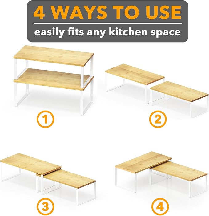 SpaceAid Cabinet Shelf Organizers 2 Pack, Kitchen Counter Rack Shelves Riser, Stackable Expandable Spice Rack, Pantry Cupboard Storage Organization (White and Natural, Long) - Image 6
