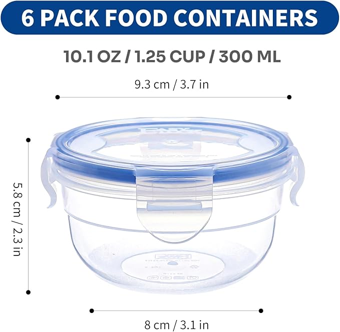 KIGI Round Food Storage Containers, 1.25 cup 10 oz, 6 Pack 12-Piece | Leak-Proof & Airtight, Small Plastic Bowls with 4-Sided Locking Lids for Snacks, Meal Prep and Lunch, BPA-Free, Freezer Safe - Image 4