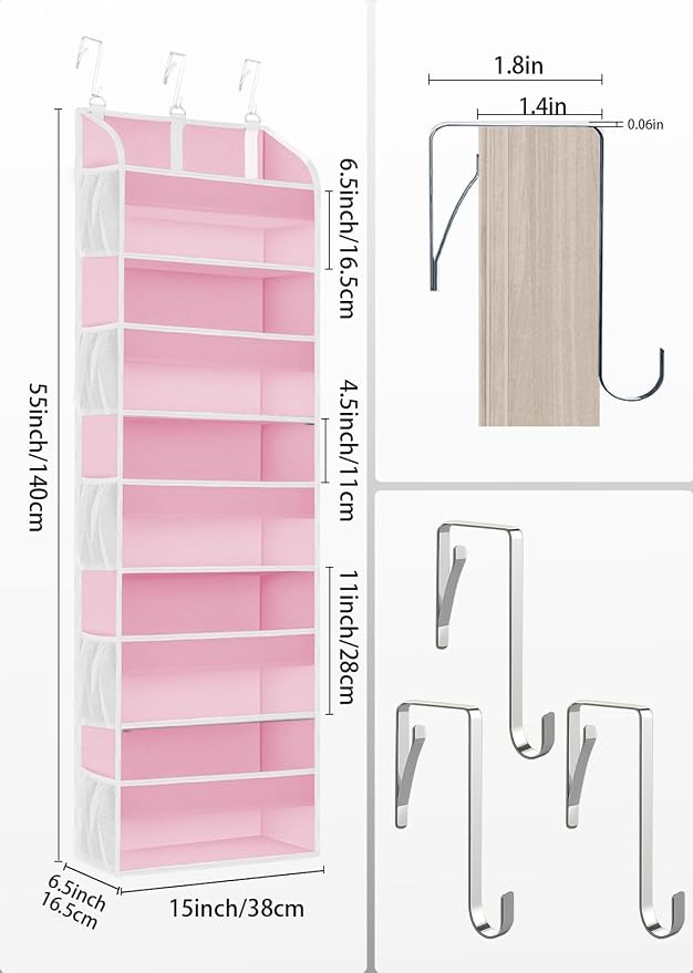 TAHAVICE Over the Door Organizer with Clear PVC Windows & 10 Mesh Pockets | 5-Tier Hanging Storage, Cute Closet Organizer for Makeup, Perfume, Toys, Perfect Pink Room Decor for Girl - Image 6