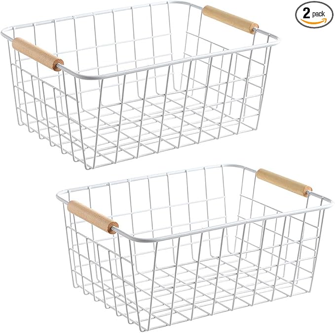 LeleCAT white wire baskets for organizing with Wooden Handles Storage Organizer Baskets, Household snack basket for Cabinets, Pantry, Closets, Bedrooms, pantry organizers and storage - Set of 2（White） by HomeSpaceStorageBasket