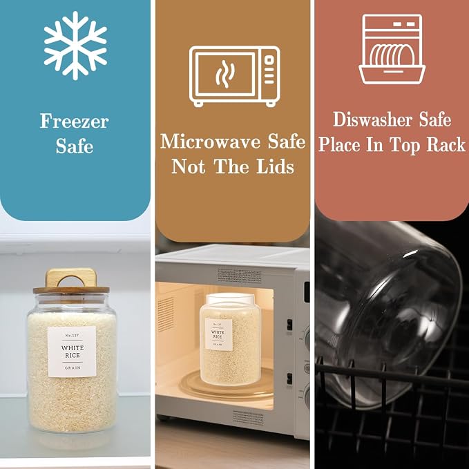 2 Pack Large Glass Flour and Sugar Containers with 132 Pantry Labels - 64 FL OZ Glass Canisters with Bamboo Airtight Lids - Farmhouse Glass Cookie Jars for Rice, Pasta, Cereal, Bath Salt - Image 8