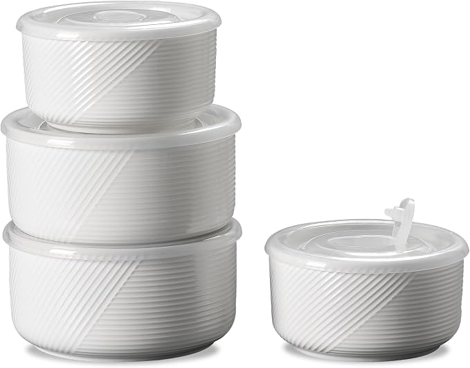 Ceramic Nesting Bowls with Lid, Microwave Safe, Set of 4, White | Food Storage Containers for Work Lunch Picnic Camping Meal Prep Soup Salad Cereal Leftovers - 5 & 6 Inch, 20 & 32 oz by Adewnest