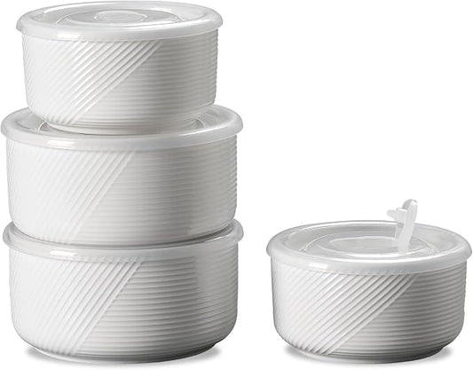 Ceramic Nesting Bowls with Lid, Microwave Safe, Set of 4, White | Food Storage Containers for Work Lunch Picnic Camping Meal Prep Soup Salad Cereal Leftovers - 5 & 6 Inch, 20 & 32 oz by Adewnest