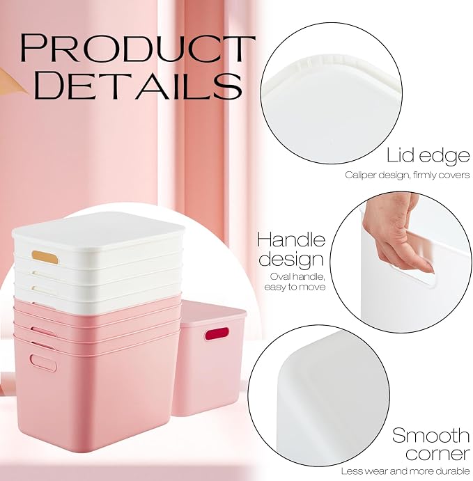 8 Pieces Colorful Storage Bins with Lid, Plastic Storage Basket Organizing Container Stackable Box with Handle for Shelves Desktop Playroom Office(14.2 x 10.2 x 9.5 Inch,White and Pink) - Image 3