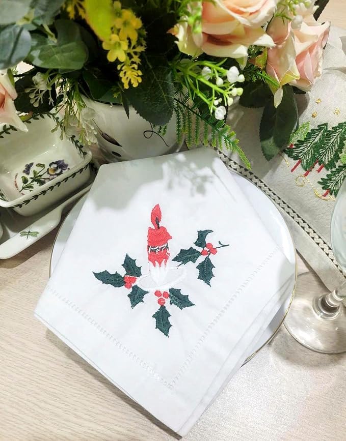 Embroidered Cloth Napkin Candle & Holly Christmas Cotton Napkins Set of 6, 20 x 20 Hemstitch Table Napkins, Machine Washable, Daily & Holidays, Great Gift Ideas - Image 3