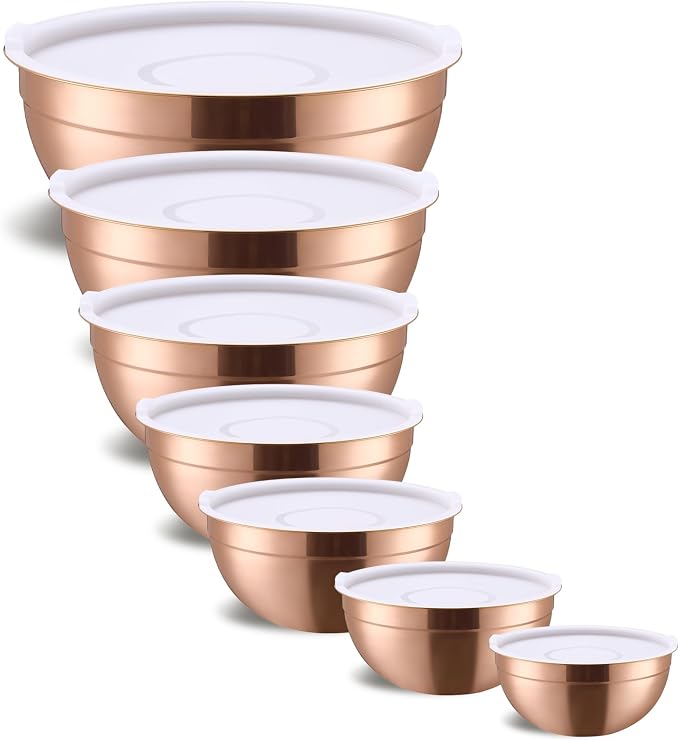 Rose Gold Mixing Bowls With Airtight Lids,Stainless Steel Bowl,Salad Bowls 7 Piece Colorful Nesting Bowl Rose Gold Kitchen Accessories,Size 7,3.6,2.7,2.1,1.5,1.1,0.8QT Stackable Design by Onlycooker