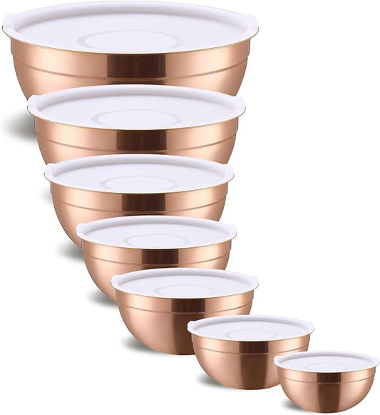 Rose Gold Mixing Bowls With Airtight Lids,Stainless Steel Bowl,Salad Bowls 7 Piece Colorful Nesting Bowl Rose Gold Kitchen Accessories,Size 7,3.6,2.7,2.1,1.5,1.1,0.8QT Stackable Design by Onlycooker