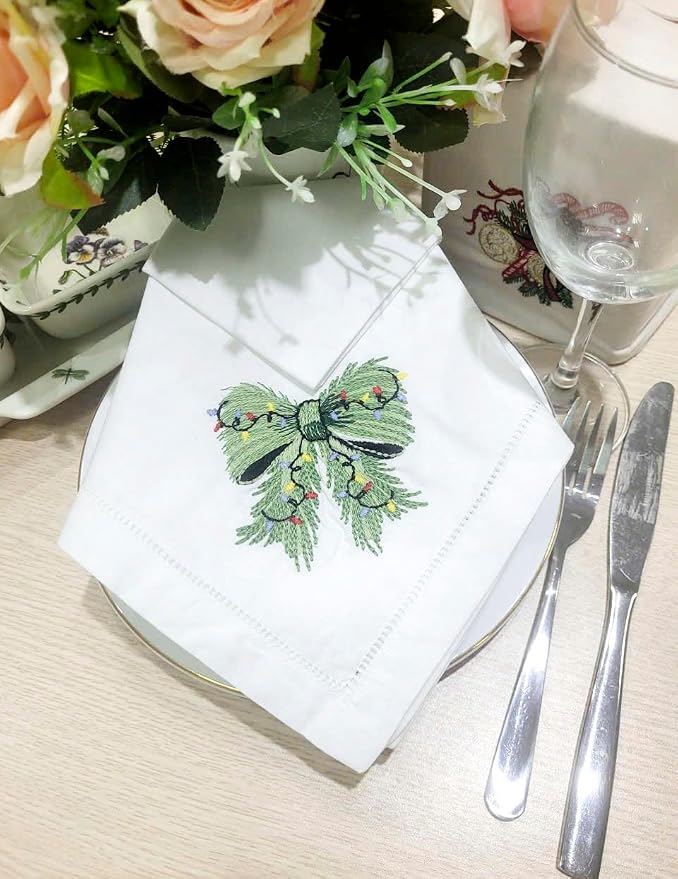Embroidered Cloth Napkin Green Bow Christmas Cotton Napkins Set of 6, 20 x 20 Hemstitch Table Napkins, Machine Washable, for Daily & Holiday Dining, Great Gift Ideas - Image 6
