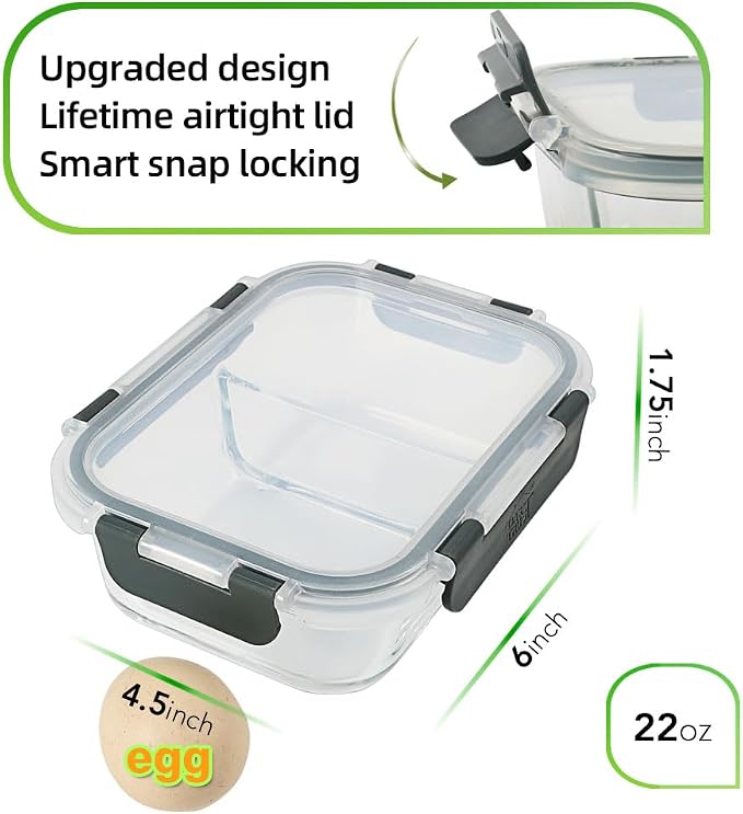 Meal Prep Containers - 2 Compartments with Glass Bowls with Lids, Food Storage Containers Dividers Airtight Lunch Containers, Bento Box for Oven Freezer, 10 Pack - Image 2