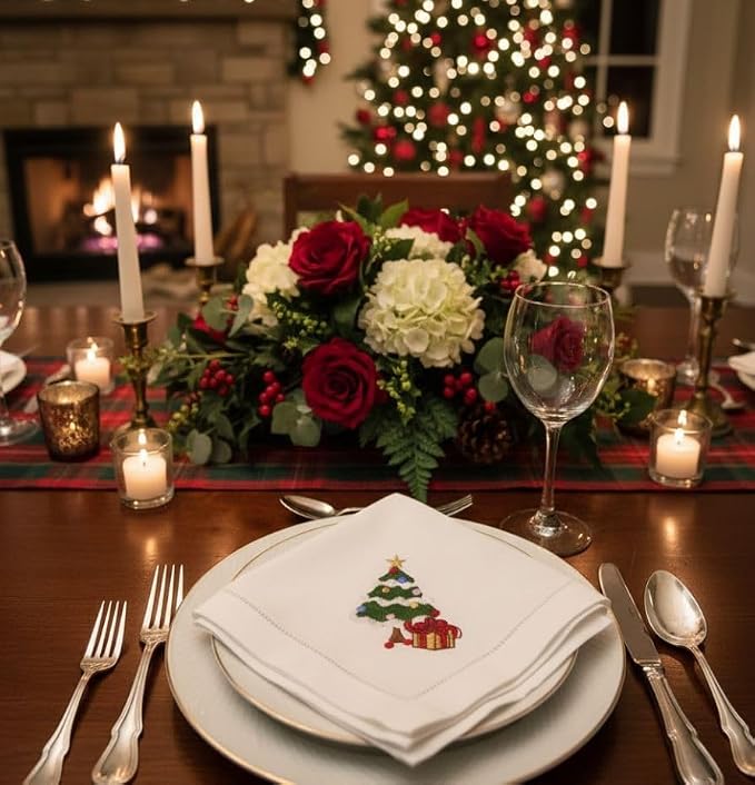 Embroidered Cloth Napkin Christmas Tree and Gift Box Cotton Napkins Set of 6, 20 x 20 Hemstitch Table Napkins Machine Washable, Daily & Holidays, Great Gift Ideas - Image 5
