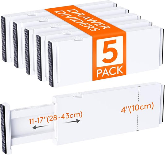 Lifewit 5 Pack Upgrade Drawer Dividers for Clothes, 4" High 11"-17" Adjustable Dresser Drawer Organizers, Expandable White Plastic Drawer Separators for Kitchen, Nursery, Office Organization & Storage | 5 Pack 11"-17" Expandable White Plastic Drawer Se... by Lifewit