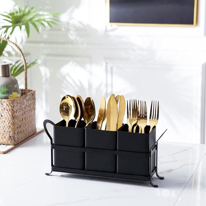 NelyBet Flatware, Cutlery,Kitchen Utensil & Silverware Caddy Organizer Bin Holder for Forks, Spoons, Knives - Perfect for Kitchen Countertop- Black - Image 3