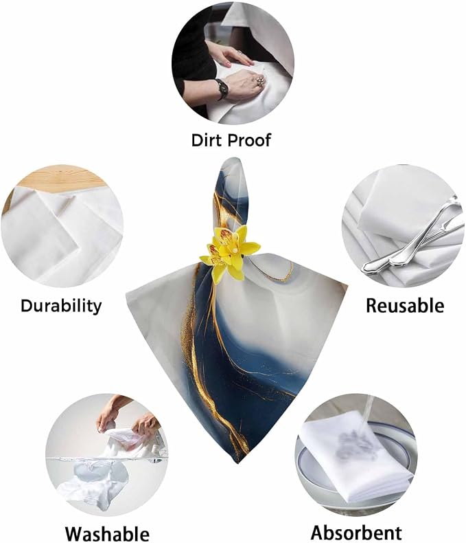 Navy Blue Gold Dinner Napkins Cloth Set of 6, Premium Polyester Napkins 20 x 20 Inch, Marble Modern Art Abstract Gradient Gray Washable and Reusable Table Napkins for Wedding Cocktail Hotel - Image 6