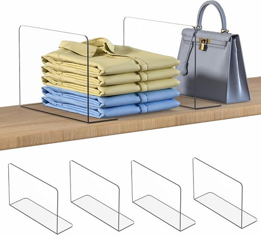 OKPOW Shelf Dividers Closet Organizer - 7.5" Tall X 11.8" Deep Acrylic Clear Sturdy Separate for Clothes Purse - Adjustable Space Saver Easy Install for Home Organization Enthusiasts 4 Pack by OKPOW