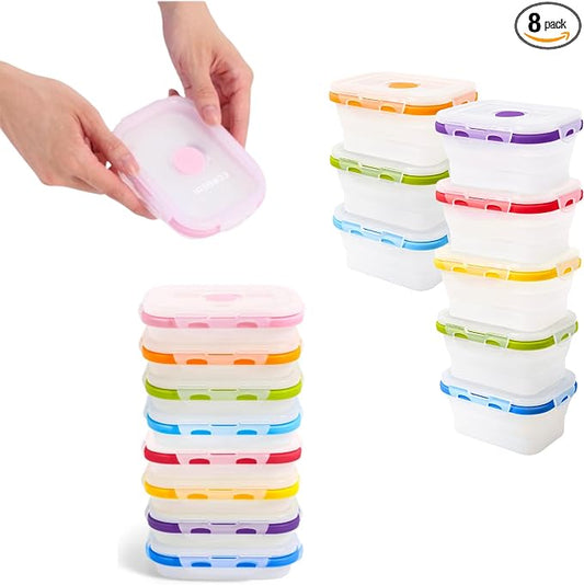 Collapsible Food Storage Containers, 8 Piece, 12 oz | Silicone, Airtight Lids, Space-Saving, Reusable Meal Prep, Microwave, Freezer & Dishwasher Safe by SmartDesignForEverydayLife