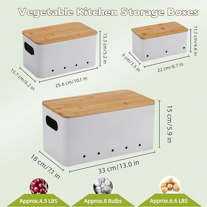 Modern kitchen storage container, stacked metal storage box, 3-piece set with wooden lid design, onion, garlic, potato metal cans, breathable storage box (White) - Image 4