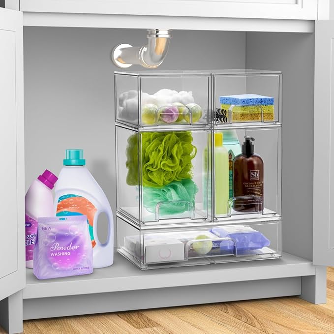 Sorbus Acrylic Storage Containers - 2 Pack, Stackable Storage Bins Set for Bathroom Organization - Clear Acrylic Drawer Organizers - Makeup Case Pull-Out Drawers (7.6’’ and 4.4’’ Tall) - Image 2