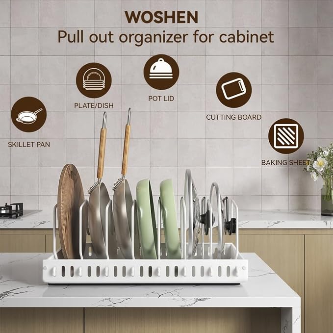 Pull Out Pot Lid Organizer, Cabinet Pan Rack, 8 Dividers | 2-pack black carbon steel rack, 16 adjustable dividers, quiet slide rails, adhesive or screw mount for lids, pans, bakeware - Image 7