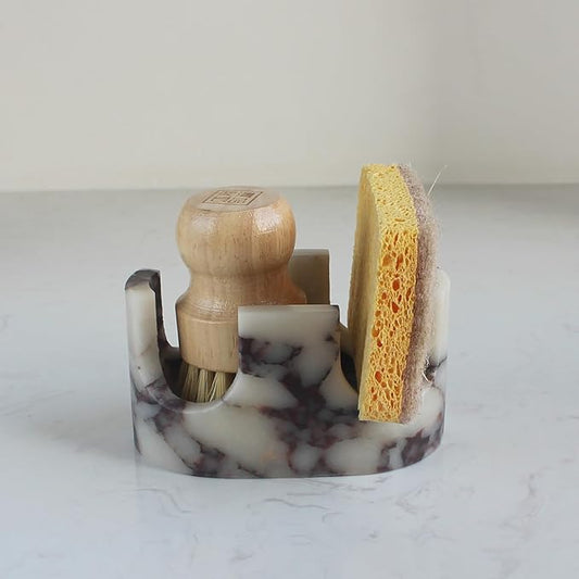 Natural Travertine Marble 2-Slot Sponge Holder for Kitchen Counter, 2-in-1 Stone Drying Rack, Sponge Caddy for Sink Organizer - Calacatta Viola Marble by Nawgnail