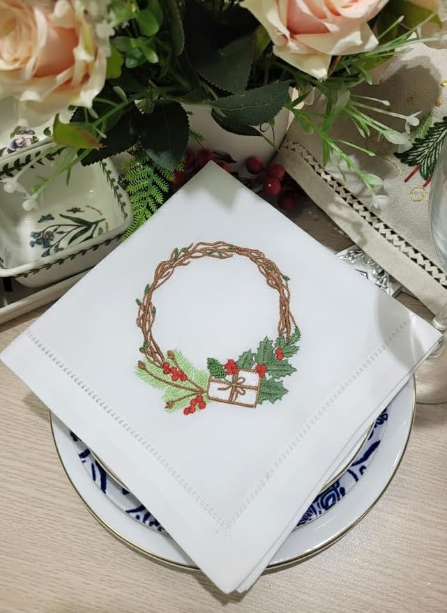 – Embroidered Cloth Napkin Holly Christmas Wreath & Gift Box Cotton Napkins Set of 6, 20 x 20”, Hemstitch Table Napkins, Machine Washable, Daily & Holidays, Great Gift Ideas - Image 2