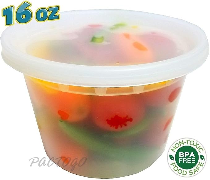 PCM 8 16 32 oz. Round Plastic Deli Soup Containers w/Lids Microwavable BPA Free (Pack of 24 Sets Each) - Image 5