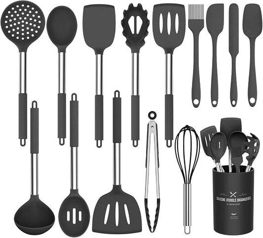 Silicone Cooking Utensil Set, Umite Chef 15pcs Silicone Cooking Kitchen Utensils Set, Non-stick - Best Kitchen Cookware with Stainless Steel Handle - Black Kitchen Utensils by UmiteChef
