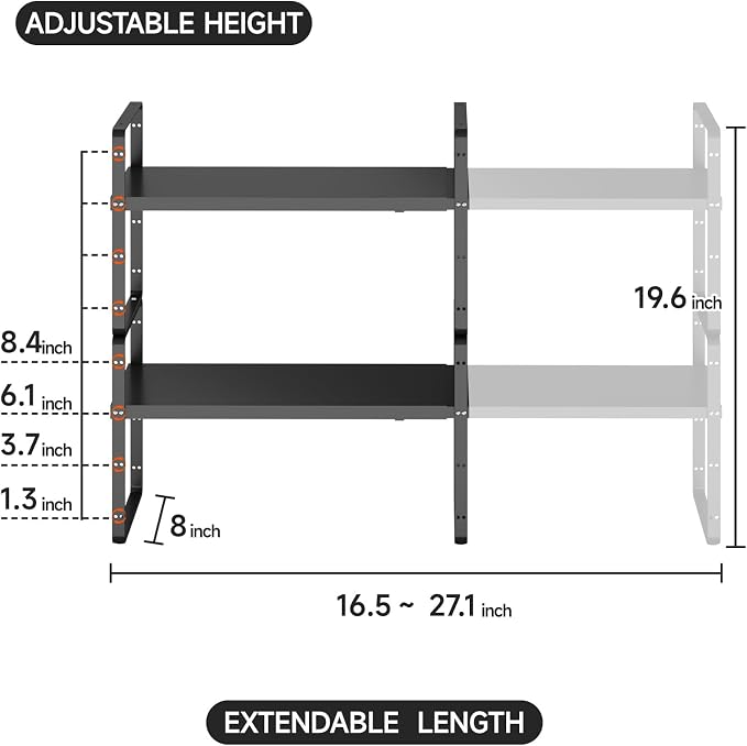 2Pcs Expandable Cabinet Shelf Organizers, 16.5"~27''L, Black | Stackable Metal Shelves, Adjustable Spices Rack Stand, For Kitchen Countertop Cupboard Pantry, 8" W x 9.6" H - Image 2