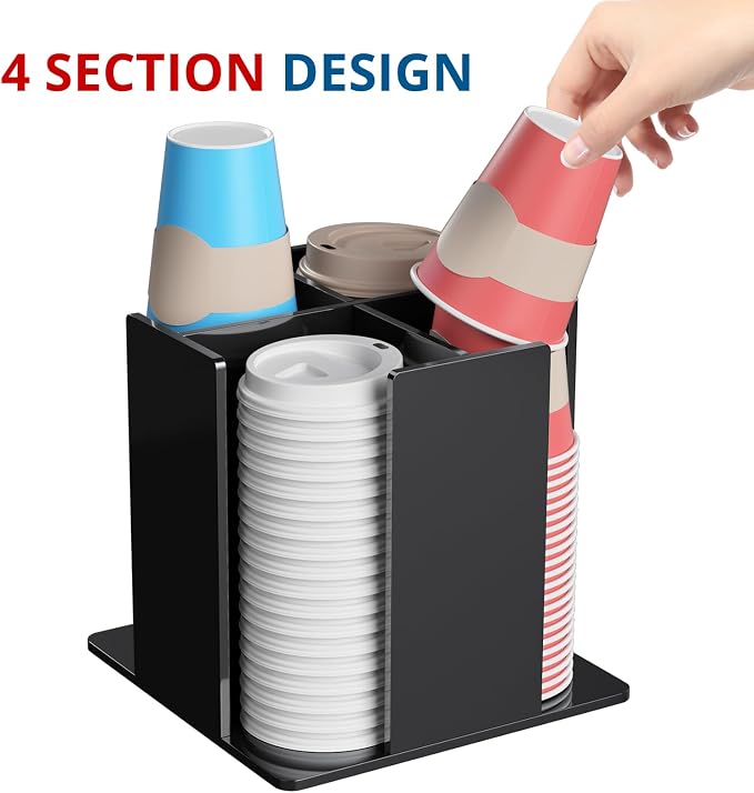 KOTEMON Cup and Lid Holder, 4 Compartment, Square | Rotating Coffee Cup Dispenser Lid Carousel for Restaurant, Buffet, Coffee Station, Bar, Countertop, Black Acrylic - Image 3
