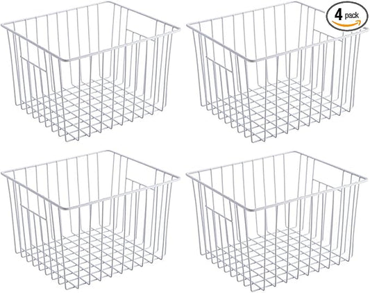 SANNO Freezer Wire Storage Organizer Basket, Refrigerator Storage Baskets Bins Organizer with Built-in Handles for Cabinets, Pantry, Closets, Bedrooms 4 Pack 11"x10"x 7" White by SANNO