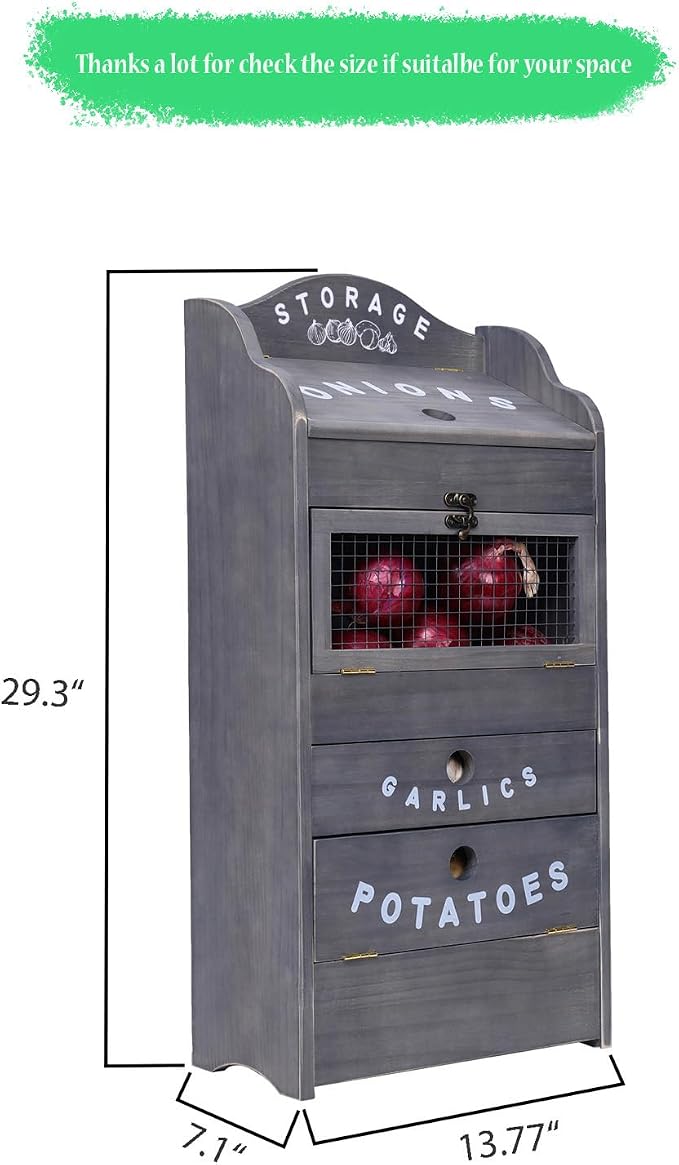 ARTAWEIN Potato Storage Bin Wall-mountable Potato Box with Lid Rustic and Garlic Drawer Onion Organizer with Grocery Section Decorative Vegetable Organization Cabinet for Kitchen - Image 2