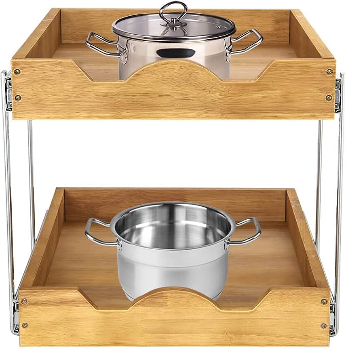 DINDON 2 Tier Pull Out Cabinet Organizer (20" W x 21" D) Wood And Metal Double Tier Slide Out Wood Drawer Under Cabinet Storage Organization - Image 8