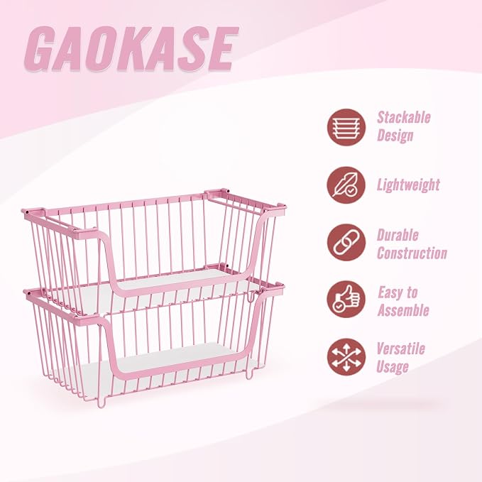 4 Pcs Stackable Wire Baskets for Pantry Organizers and Storage,pink, | Vegetable Fruit Basket for Countertop,Kitchen Storage Metal Baskets,Produce Potato Onion Storage Bin, - Image 8