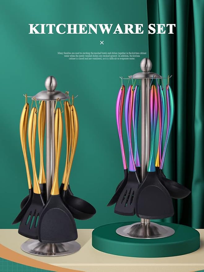 Silicone Cooking Utensil Set, 6 pcs Silicone Cooking Kitchen Utensils Set, Non-stick Kitchen Cookware Titanium Stainless Steel Handle with Utensil Holder, Spatula Set for Cooking -Rose Gold - Image 2