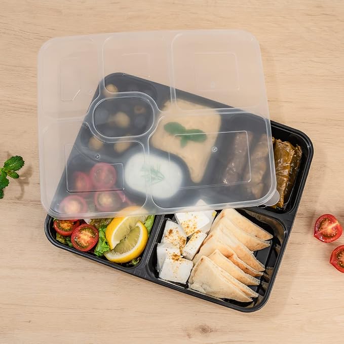 Restaurantware Asporto 53 Ounce Food Containers 100 Microwavable Take Out Food Containers - Clear Plastic Lids Included WIth 6 Compartments Black Plastic Catering Food Containers Disposable - Image 4