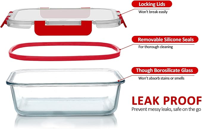 M MCIRCO 30 Pieces Glass Food Storage Containers with Upgraded Snap Locking Lids,Glass Meal Prep Containers Set - Airtight Lunch Containers, Microwave, Oven, Freezer and Dishwasher Friendly, Red - Image 3