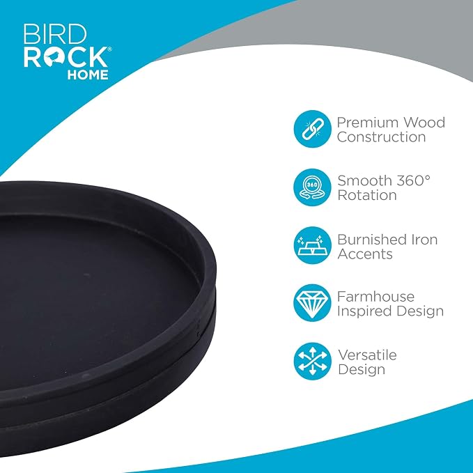 BIRDROCK HOME Wooden Lazy Susan Turntable - Spice Rack Organizer for Kitchen Table, Dining, Pantry and Countertop - Rotating Tray for Condiments - with Burnished Iron Accents - 18" Large, Matte Black - Image 3