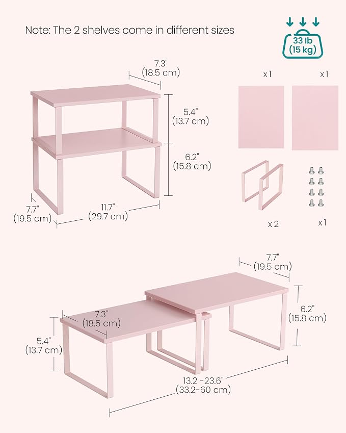 SONGMICS Cabinet Organizer Shelf, Set of 2 Kitchen Counter Shelves, Kitchen Storage, Spice Rack, Stackable, Expandable, Metal and Engineered Wood, 11.7 Inches, Jelly Pink UKCS020S01 - Image 6