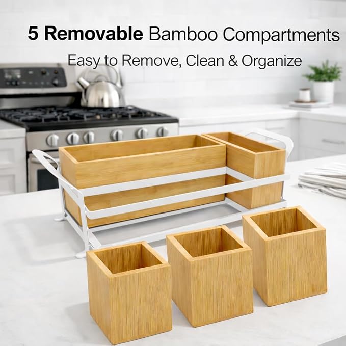 Bamboo Utensil Caddy with Handle - 5 Compartment Silverware Holder for Party & Kitchen Countertop - Removable Wooden Flatware Organizer for Picnic, BBQ, Buffet, RV & Outdoor Dining - Image 3
