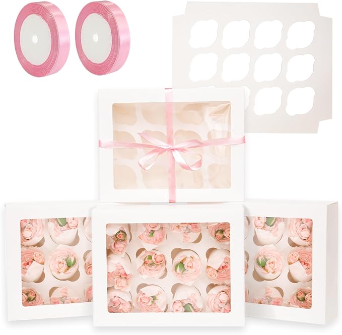 qiqee Auto-pop Up Cupcake Boxes with Window White 40PCS 12 Count Cupcake Box 13"x10"x3.5" Cupcakes Carrier, 12 Cupcake Containers with 2 rolls of pink ribbons by Qiqee