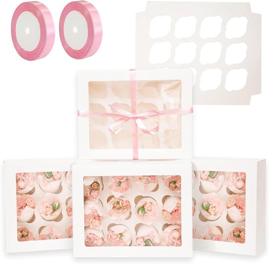 qiqee Auto-pop Up Cupcake Boxes with Window White 40PCS 12 Count Cupcake Box 13"x10"x3.5" Cupcakes Carrier, 12 Cupcake Containers with 2 rolls of pink ribbons by Qiqee