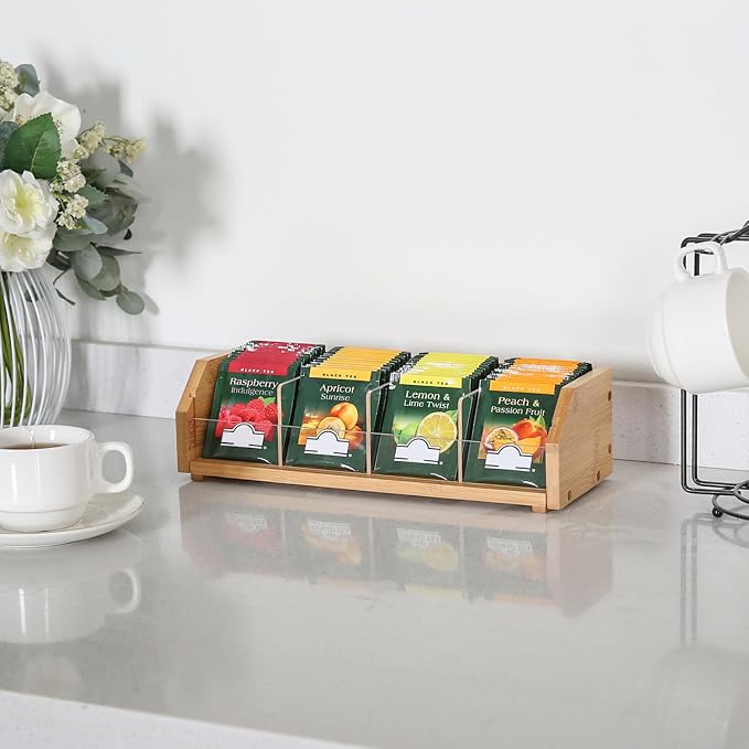 Small Bamboo Tea Bag Organizer, Tea Box Storage Holder, Natural | Holds 60 tea bags, Removable Compartments, Acrylic Dividers, Wood, for Cabinet, Countertop, Office, Drawer, K cups, coffee - Image 4