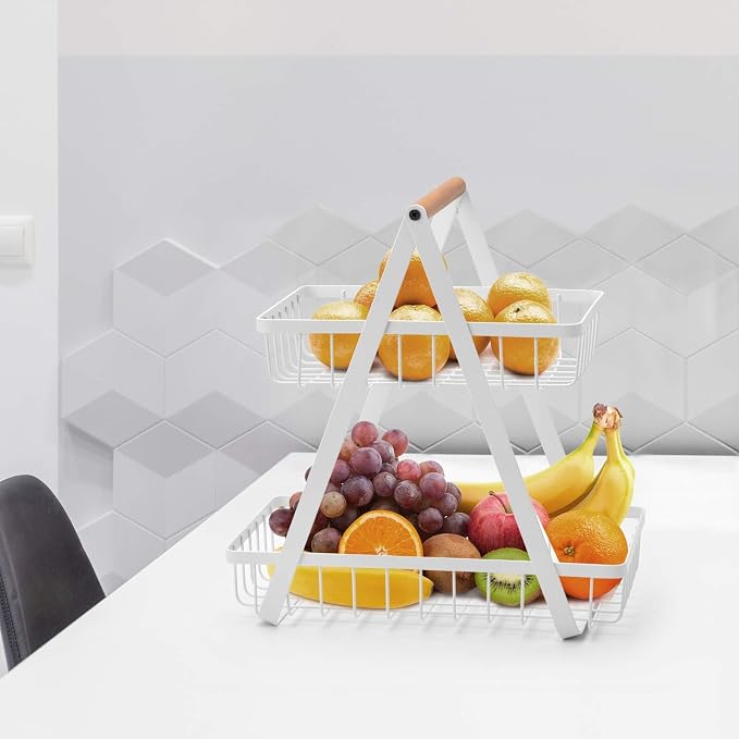 2-Tier Fruit Basket, Metal Fruit Bowl Bread Baskets Countertop Vegatable Storage Stand for Kitchen, White - Image 2