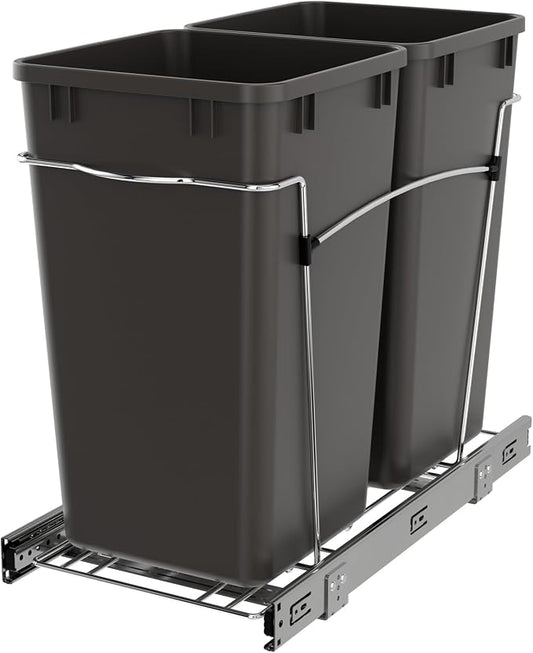 Rev-A-Shelf Double 27 Qt Pullout Trash Can for Base Kitchen Cabinets, Garbage Waste Bin System with Full Extension Slides, Min Opening Width of 11.5", Orion Gray, RV-15KD-13C-S by Rev-A-Shelf
