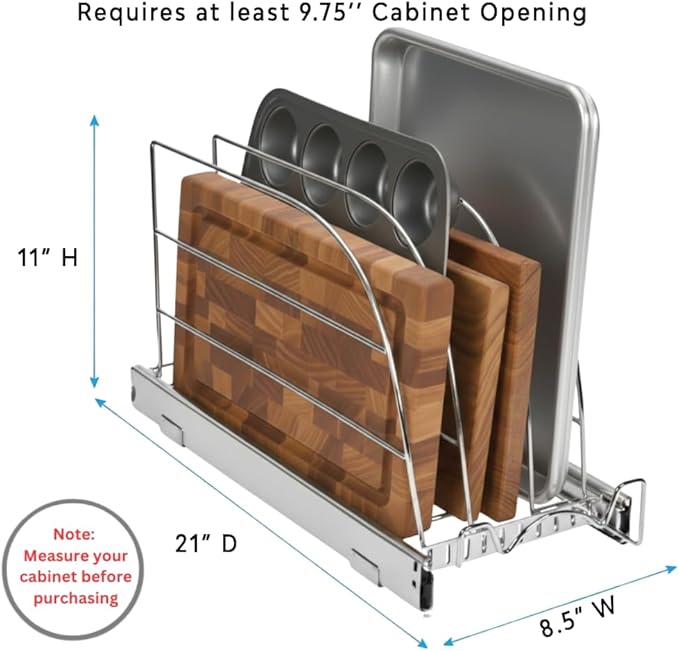 Pull Out Organizer for Bakeware, Cutting Board and Trays, 8.5"W x 21"D | Stores Cutting Board and Trays, Adjustable Dividers, Heavy Duty, Lifetime Limited Warranty - For Narrow Cabinet Spaces - Image 4