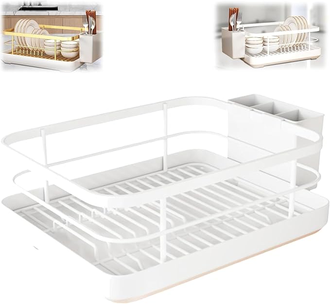 Dish Drying Rack for Kitchen Counter,Large Capacity Dish Drying Rack,Stainless Steel Dishes Drainer with Utensil Holder,Multifunctional Kitchen Utensil Holder with Dishes Racks and Tray (White) - Image 8