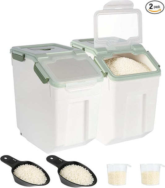 2 Pack Rice Container 25 lbs Large Bulk Flour Sugar Storage Holdhouse Plastic Grain Cereal Dry Goods Bin with Spoon and Measuring Cup for Kitchen Pantry Organization - Green by MXCELL