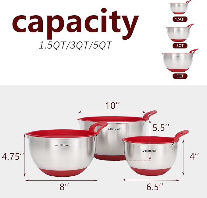 Hillbond Stainless Steel Mixing Bowls with Lids Set, Set of 3, Red | mixing bowl with Pour Spout, Silicone Handle, Non-Slip Bottoms, Dishwasher Safe, Metal Mixing Bowls for baking - Image 5