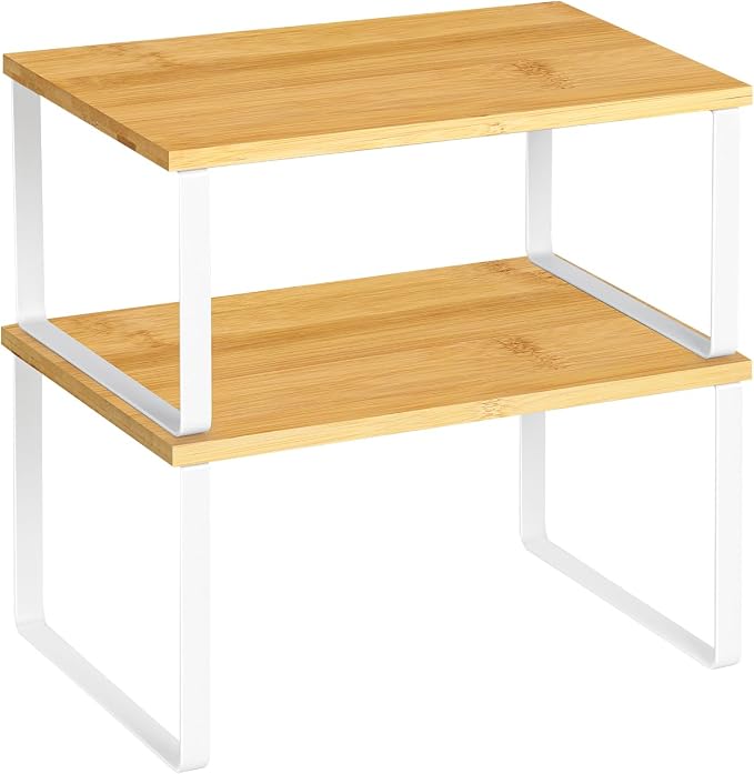Shinoske Cabinet Shelves Organizer,Set of 2 Stackable Cabinet Counter Organizers Expandable Kitchen Countertop Shelf Spice Racks,Bamboo Top and Metal Frame,White and Natural by Shinoske